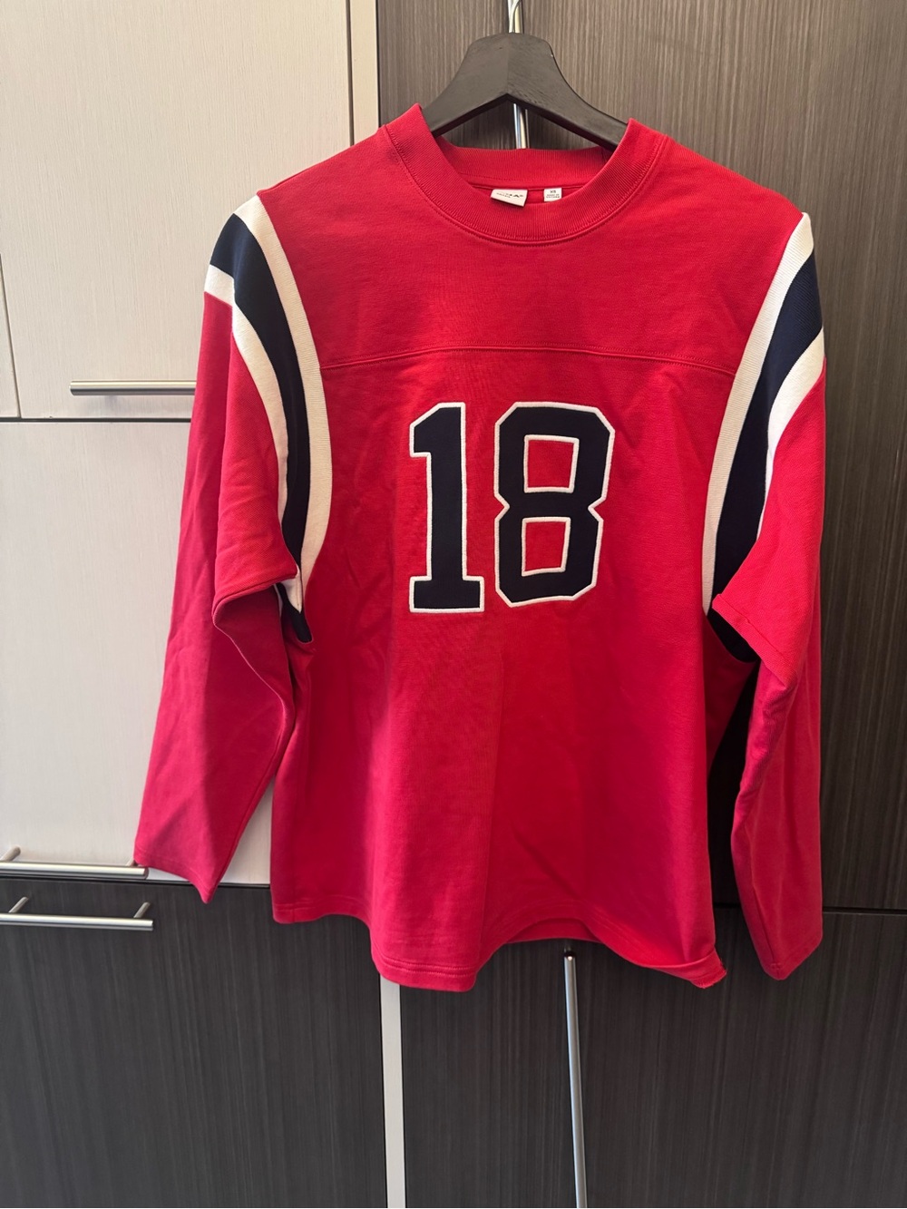 Aritzia Red Crewneck Sweatshirt with Navy White Number 18 - Picture 2 of 4